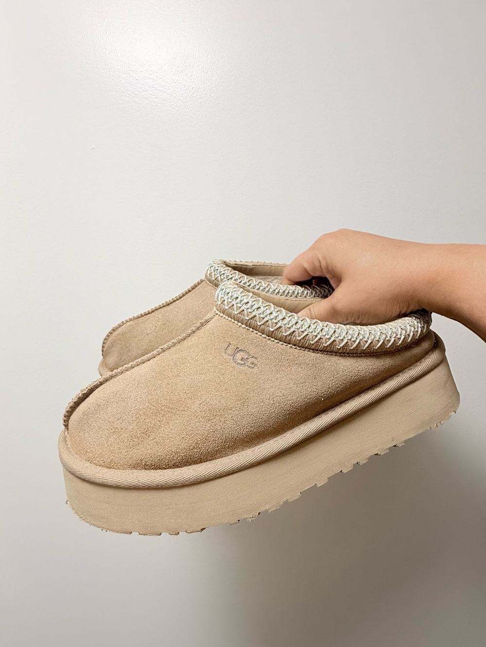 UGG Tan Suede Platform Clog Slippers with Braided Trim